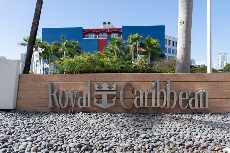 Close up of Royal Caribbean Group logo sign at their headquarters in Miami, USA.