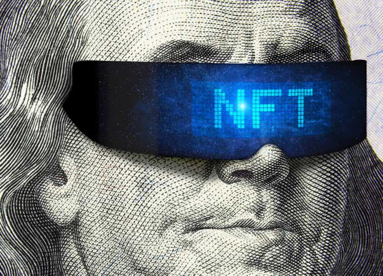 NFT token and money, Franklin on 100 dollar bill with cyber glasses for crypto art