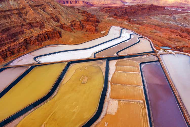 Aerial view of colorful ponds for settling potash from water