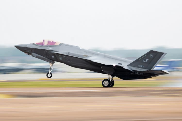 United States Air Force USAF Lockheed F-35A Lightning 15-5125 fighter jet arrival and landing for RIAT Royal International Air Tattoo 2018 airshow