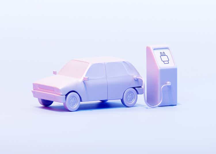 Electric car connected to power station. 3D Illustration