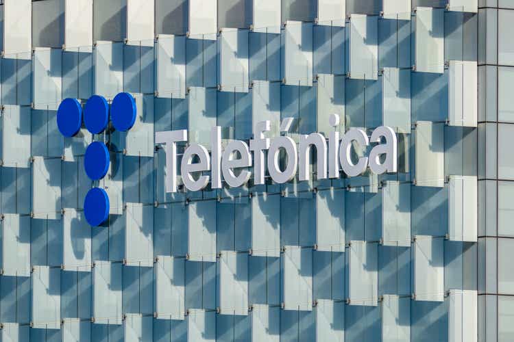 Telefonica Telecommunication Company sign on the facade of the building