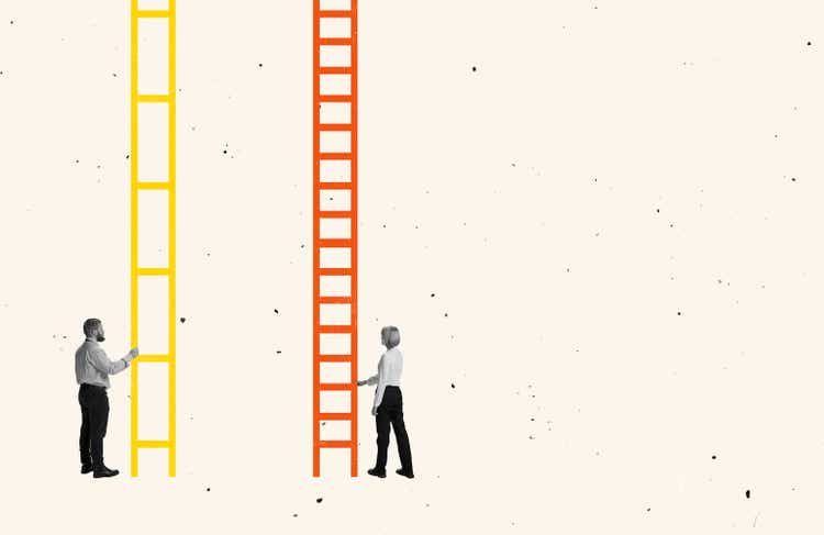 Contemporary art collage. Man and woman standing near ladder of success with unequal steps symbolizing gender discrimination