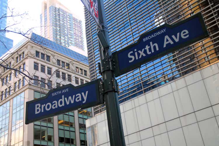 Blue Sixth Avenue and Broadway historic sign