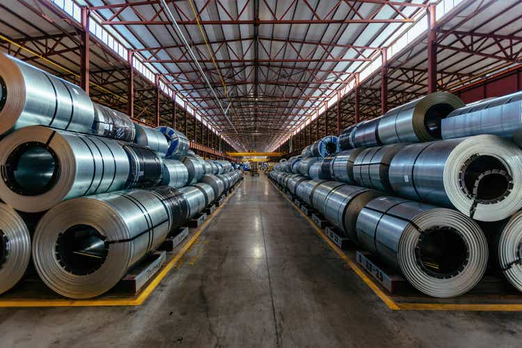 Rolls of galvanized steel sheet inside the factory or warehouse