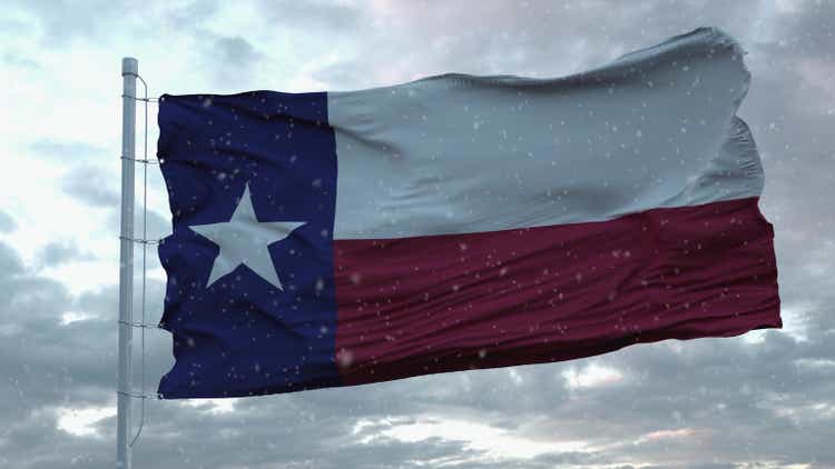 Texas winter flag with snowflakes background. United States of America. 3d rendering