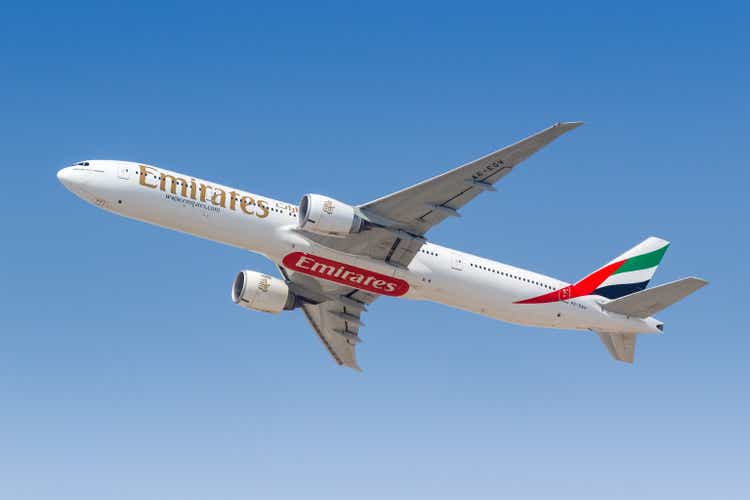 Emirates Boeing 777-300ER airplane Dubai airport in the United Arab Emirates