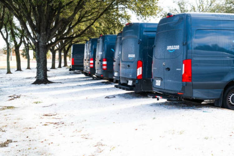Line up stuck Amazon Deliveries Vans