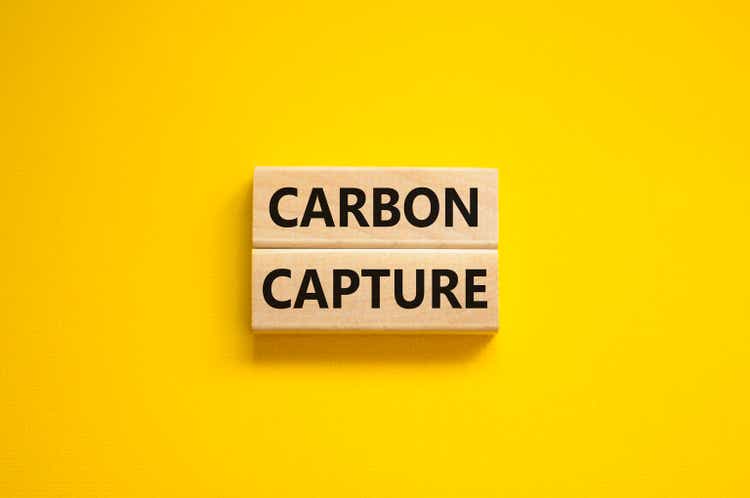 Time to carbon capture symbol. Wooden blocks with words "Carbon capture". Beautiful yellow background. Business, ecology and carbon capture concept. Copy space.