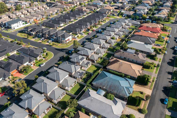 Rows of very similar homes in outer suburban Sydney, Australia