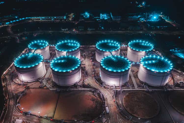 Oil storage spheres tank at night