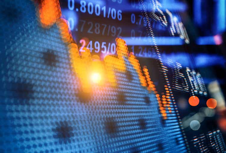 Financial stock exchange market display screen board on the street, selective focus