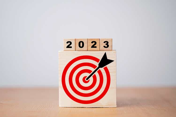 2023 year with target which print screen on wooden cube block for setup business target concept.