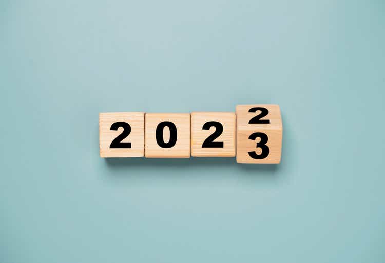 The wooden cube moves between 2022 and 2023 to change and prepare for a happy Christmas and a happy new year.