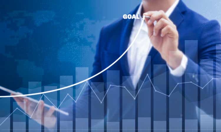 Growth success developments to goals concept. Businessman forecast analysis plan profit chart with pen and increase of positive indicators. Graph business stock turnover financial plan year.