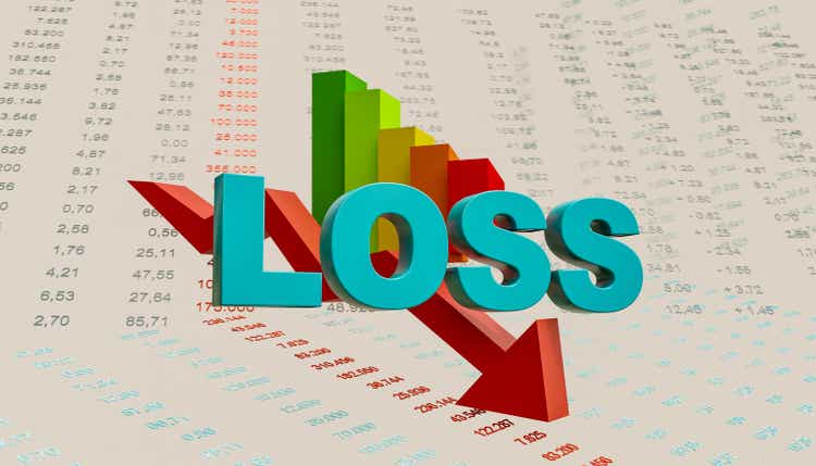 The word loss combined with a red arrow down. Data sheet with financial figures and a column digram in the background.