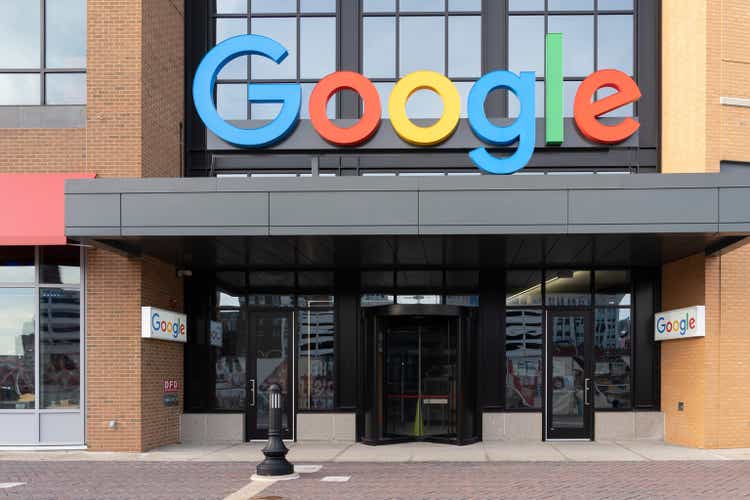 The entrance to Google office in Detroit, Michigan, USA. Google LLC is an American multinational technology company.