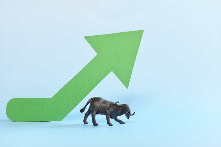 Green upward arrow beside a bull animal figure. Bullish run market in stocks and cryptocurrency trading concept.