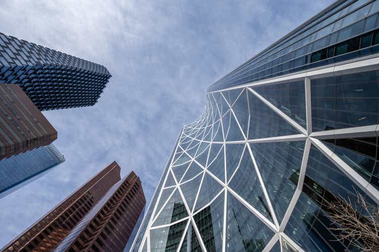 Looking up at skyscrapers in Calgary, Alberta