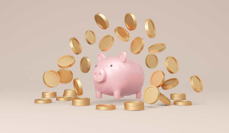3D Rendering of money coins with piggy bank on background concept of savings, investment. 3D Render illustration.