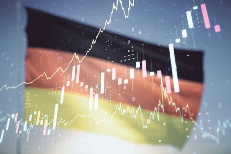 Double exposure of abstract creative financial chart hologram on German flag and blue sky background, research and strategy concept