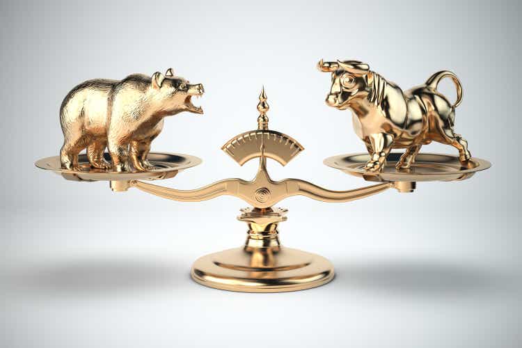 Bull and bear on a scales. Bearish or bullish market on stock exchange concept.
