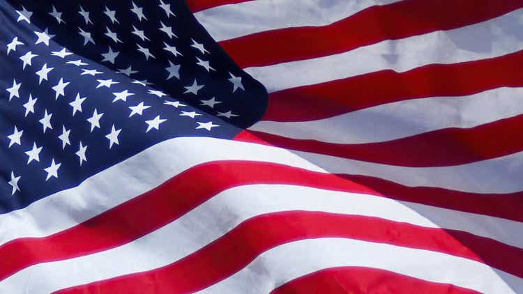 Close up of the US flag waving in the wind