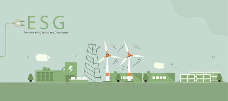 ESG concept, sustainable environment, society and governance and social government with wind turbines and solar panels. vector illustration banner