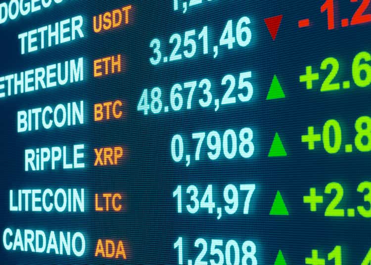 Bitcoin, Ethereum, Ripple and other crypto currencies on a trading monitor.