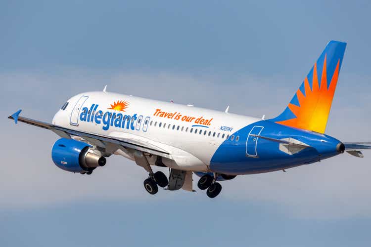 Allegiant Air Airbus A319 aircraft taking off from Phoenix-Mesa Gateway airport in Arizona.