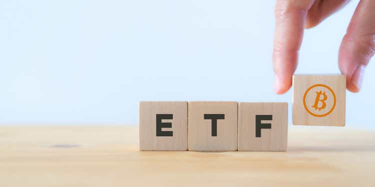 Exchange Traded Fund (ETF) and bitcoin cryptocurrency concept. Entering the digital money fund concept. Investor holds the wooden cube with bitcoin icon standing with
