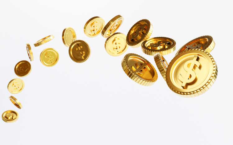 Isolation of US dollar golden coins flying on white background for investment and deposit saving concept by 3d render.