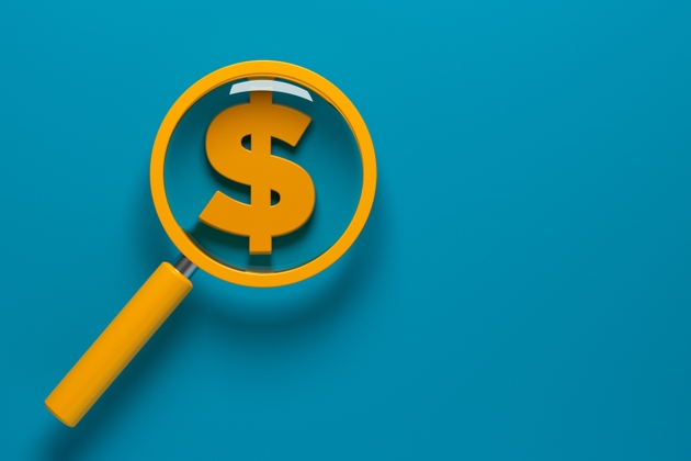 Orange-colored magnifying glass and orange-colored dollar symbol.