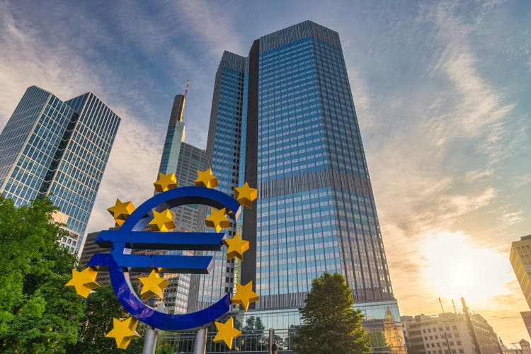 sunrise city skyline at European Central Bank (ECB) and Euro Sign
