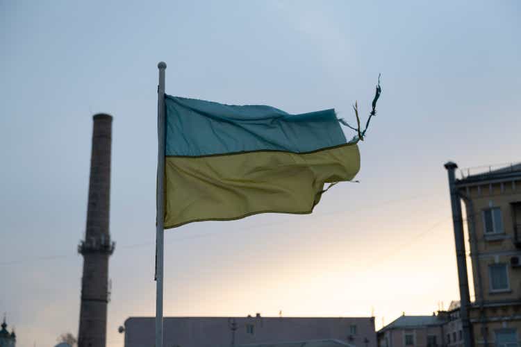 Ukrainian flag in Kyiv battered by the elements