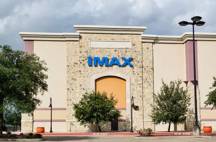 IMAX multiplex movie theater main entrance and parking lot in Houston TX.