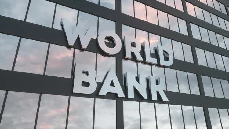 World Bank sign on a modern glass skyscraper. World Bank glass building. 3d rendering