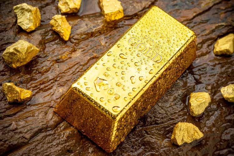 Gold bars with water droplets rested on the rocky ground and the gold ore from the mines lay around