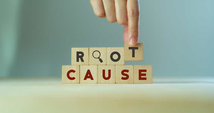 Root cause analysis concept. Define problems to find solution. Business problem solving. Hand holds the wooden cubes with text ROOT CAUSE and magnifying glass icon on grey background,copy space.