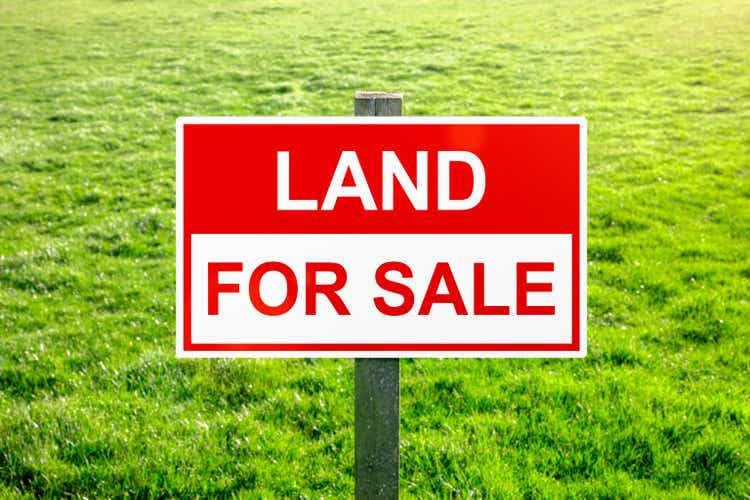 Land for sale sign in green grass field for housing development and construction