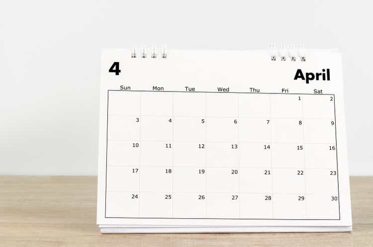 April 2022 desk calendar on wooden background.