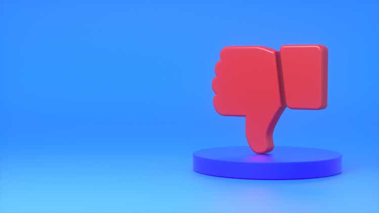 Red rejection sign on a dark blue podium on a blue background. The concept of rejection, failure, failure, reports, business, marketing. 3d rendering