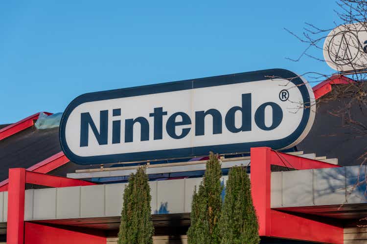 Nintendo logo on top of a building entrance..