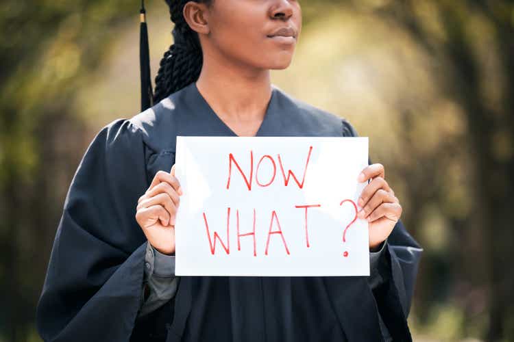 Closeup shot of an unrecognisable woman holding a sign that reads "now what" on graduation day