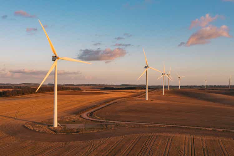 Drone view of a wind farm. Multiple wind turbines