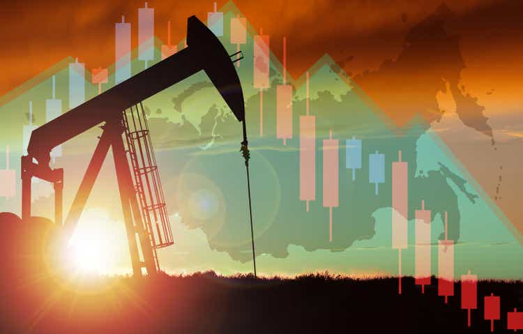 Sunset Over Pumpjack Silhouette With Stock Chart and Russia Map Background