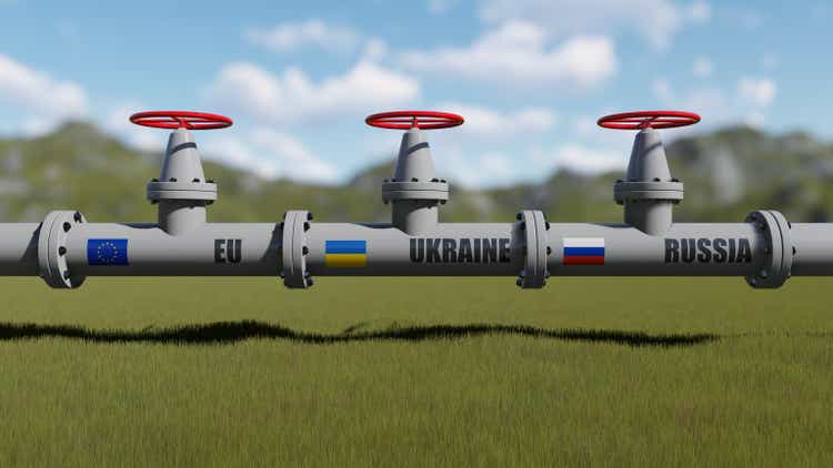 The gas pipeline with flags of Russia, Ukraine and EU.