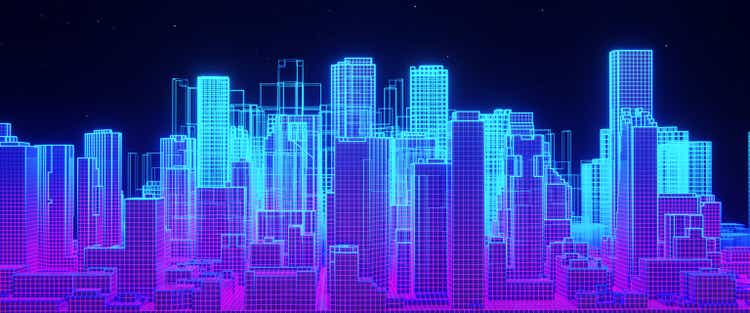 Concept of building a virtual city with holographic skycrapers. Metaverse or augmented reality. 3D rendering