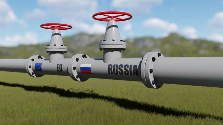 The gas pipeline with flags of Russia and EU
