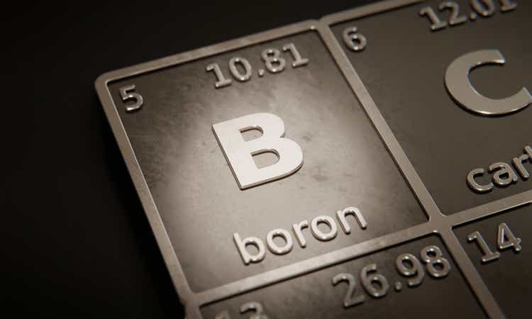 Highlight on chemical element Boron in periodic table of elements. 3D rendering